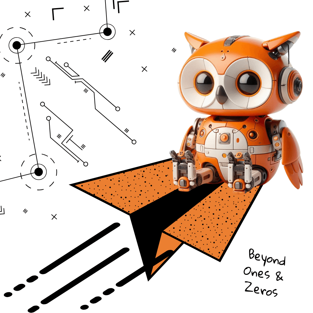 Orange robotic owl riding a paper plane