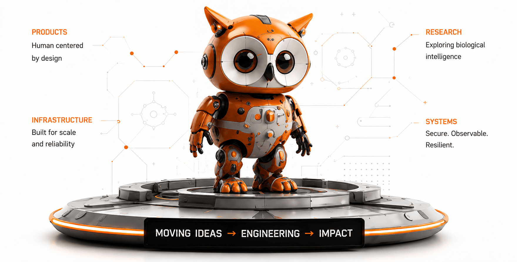 Orange robotic owl standing on an engineering platform
