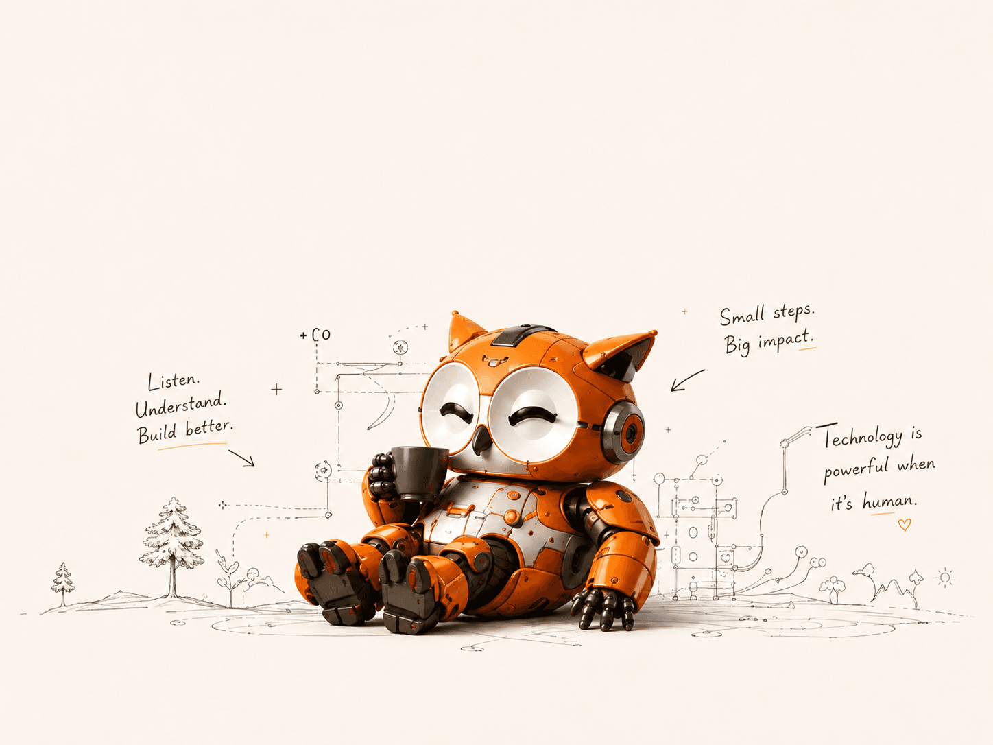 Beyond Geeks & Voyage engineering owl surrounded by technical sketches