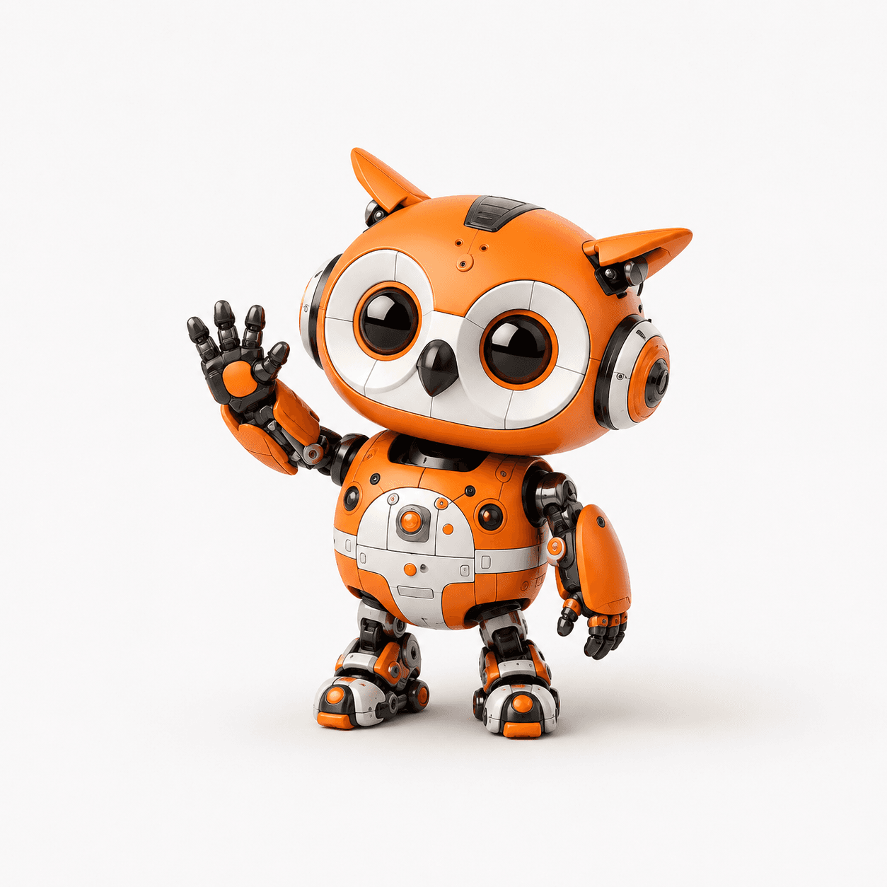 Friendly orange Beyond Geeks & Voyage robot owl waving