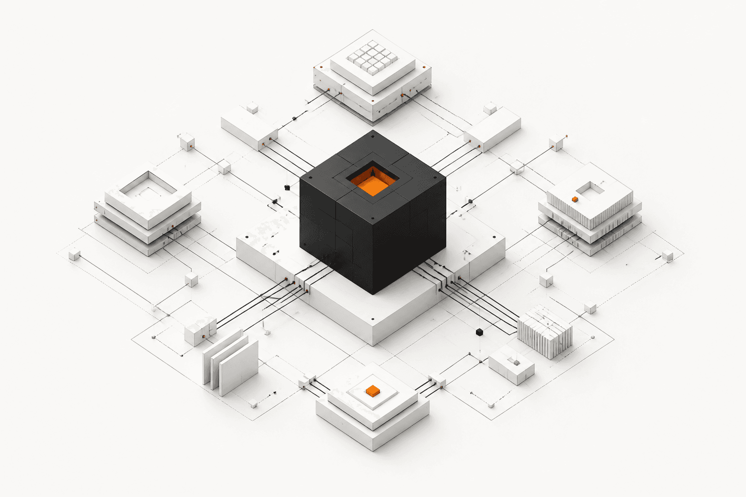 An interconnected engineering system built around a central black cube
